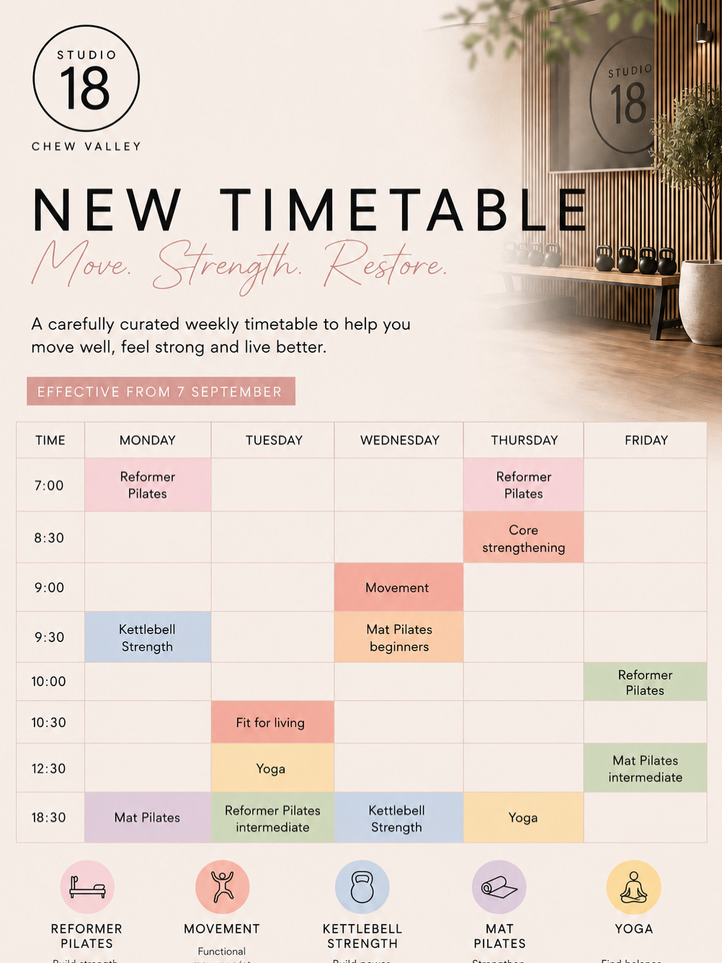 Studio 18 new weekly timetable from 7 September — Reformer Pilates, Mat Pilates, Yoga, Kettlebell Strength and Movement classes