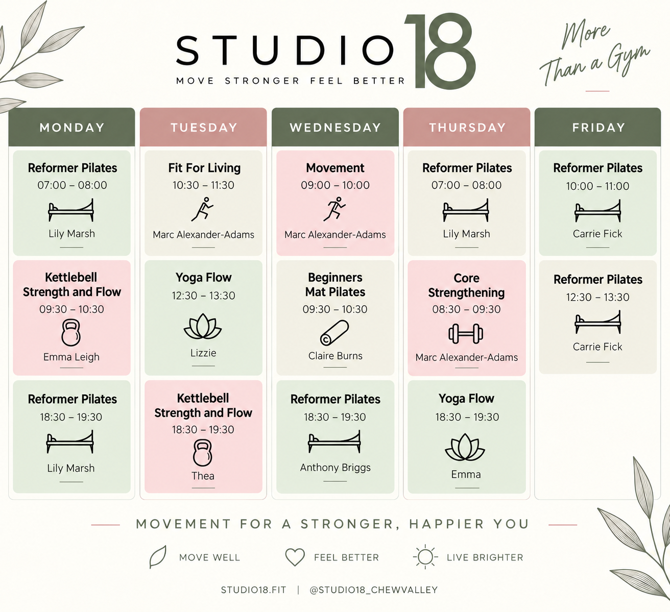 Studio 18 weekly timetable — Reformer Pilates, Mat Pilates, Yoga Flow, Kettlebell Strength and Flow, Movement and Core Strengthening classes